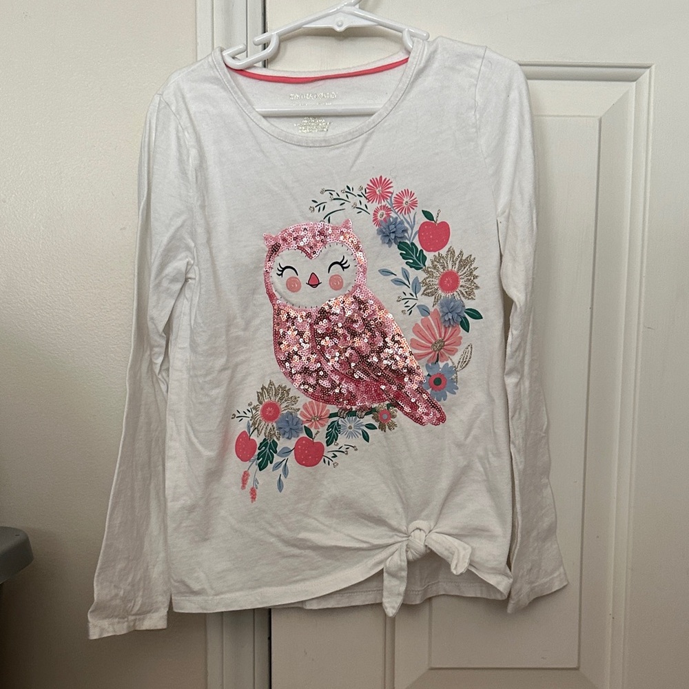 Cynthia Rowley White and Pink Sequin Owl Long Sleeve Tee